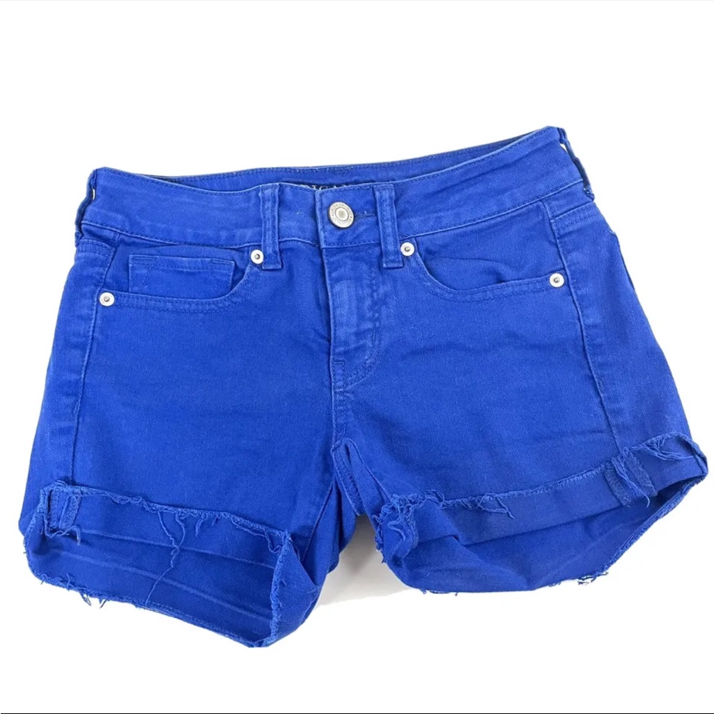American Eagle Womens Jean Short Shorts Size 2 Solid Blue Denim Stretch #0014
